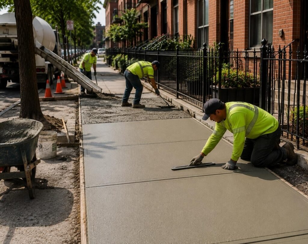 City concrete sidewalk replacement on a sunny day